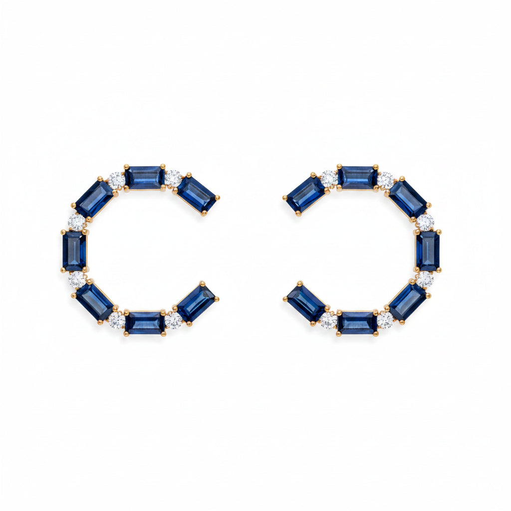 18k gold open-circle stud earrings with blue sapphires and diamond halo