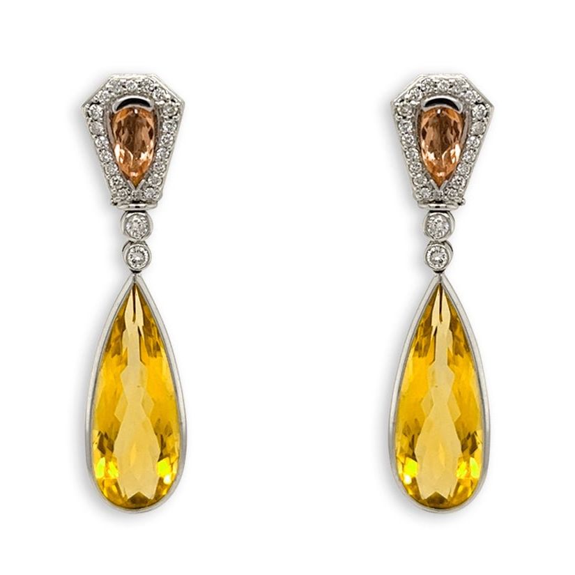 18k gold drop earrings with citrine, precious topaz accents, and diamonds
