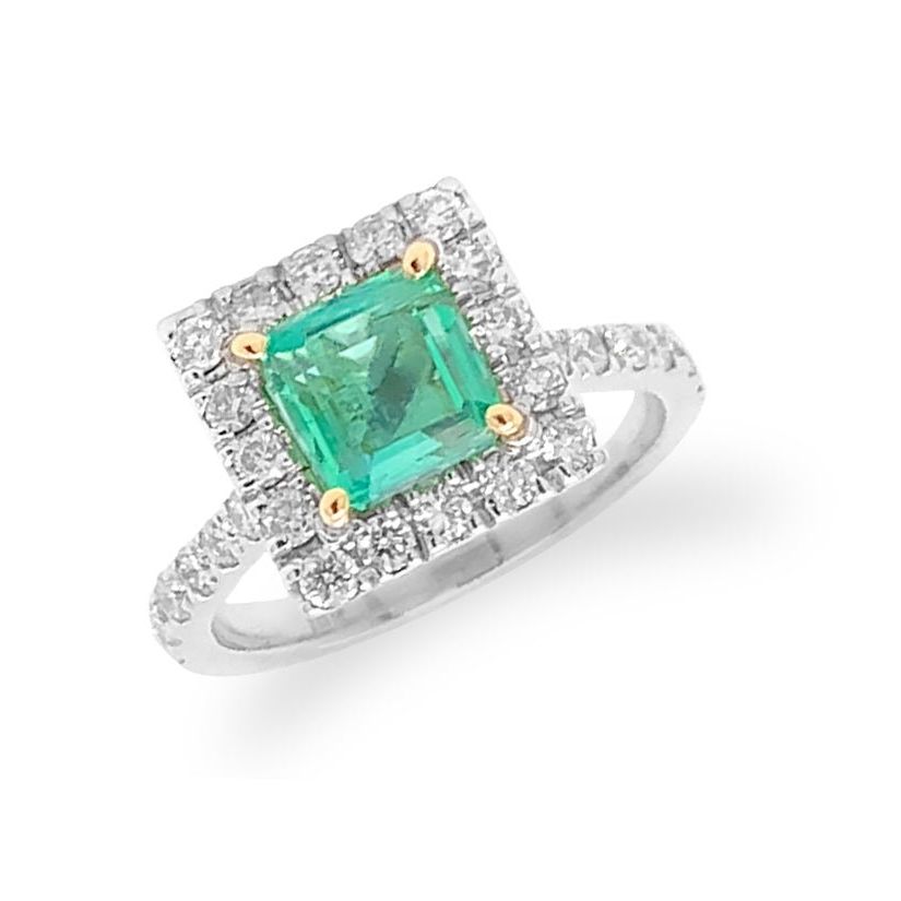 18k white gold ring with Colombian square emerald and diamond accents