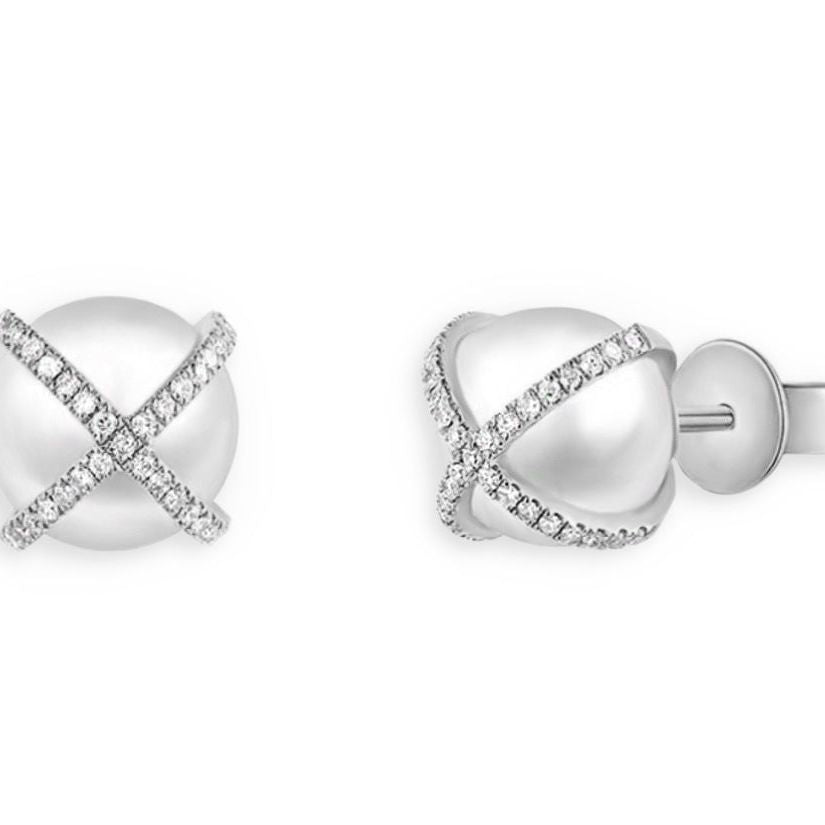 14k gold criss-cross stud earrings with South Sea pearls and diamond accents