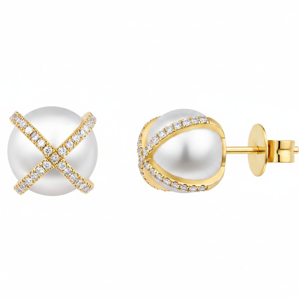 14k gold criss-cross stud earrings with South Sea pearls and diamond accents