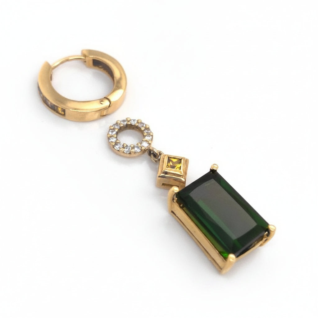 18k gold hoop earrings with detachable green tourmaline and sapphire diamond drop accents