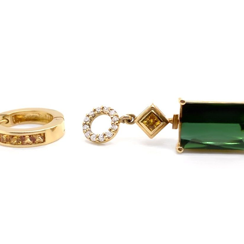 18k gold hoop earrings with detachable green tourmaline and sapphire diamond drop accents