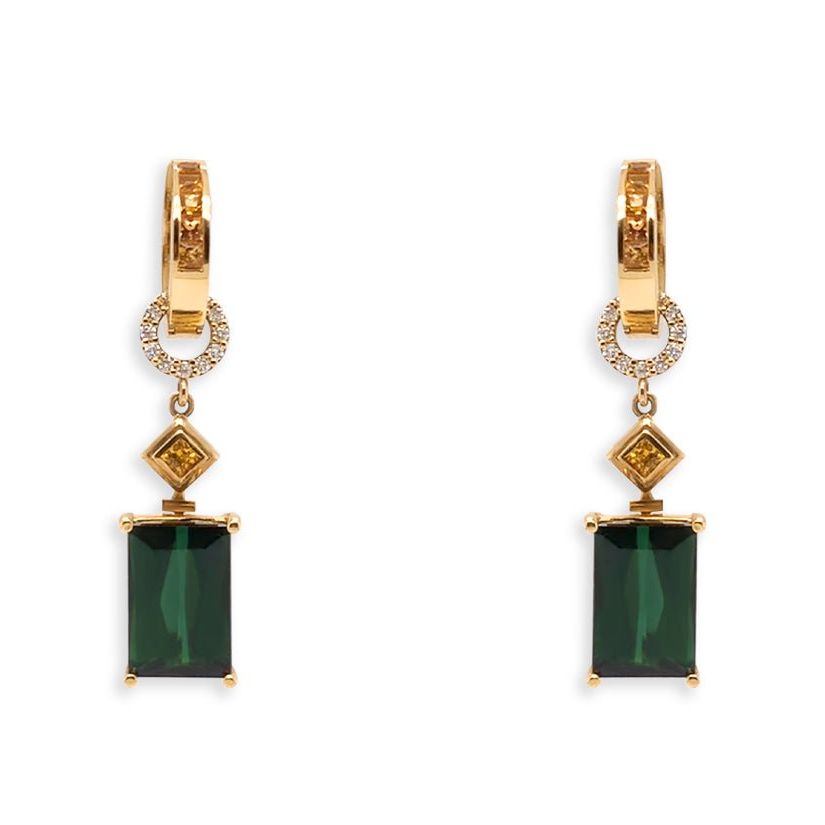 18k gold hoop earrings with detachable green tourmaline and sapphire diamond drop accents