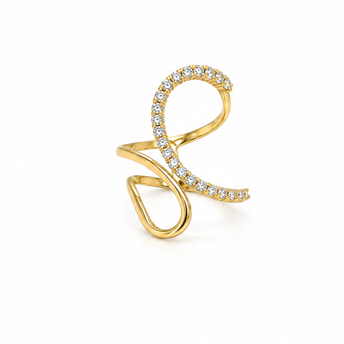 Double curved ring in 14k yellow gold with 22 round brilliant diamonds, 0.46 ct total weight