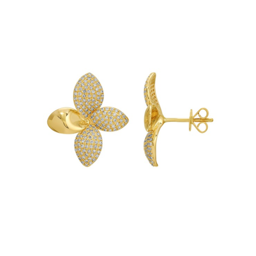 diamond flower stud earrings in 14k gold with clustered diamond design