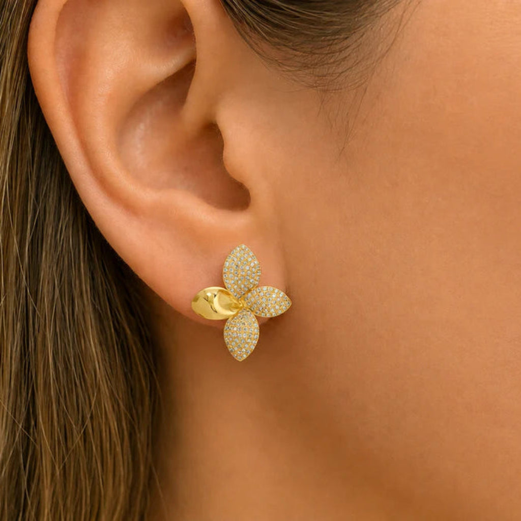diamond flower stud earrings in 14k gold with clustered diamond design