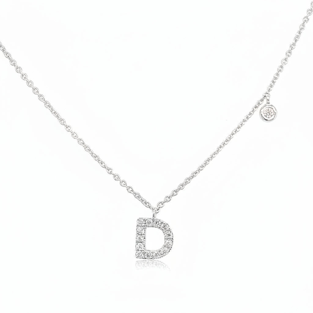 18k white gold “D” initial pendant necklace with pave diamonds