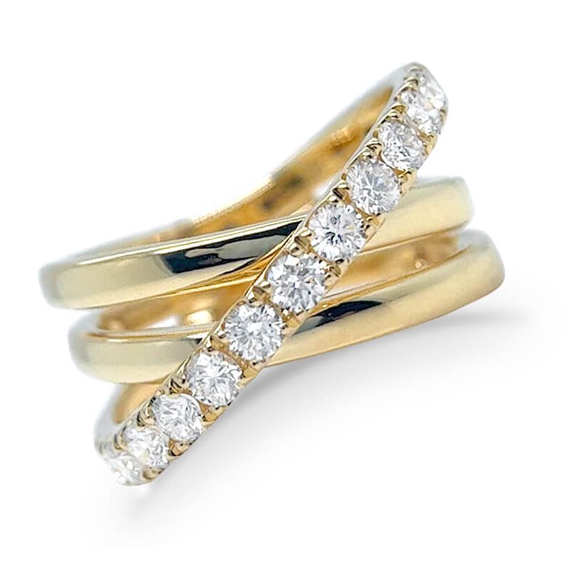 18k yellow gold crossover ring with pave diamonds along intersecting bands