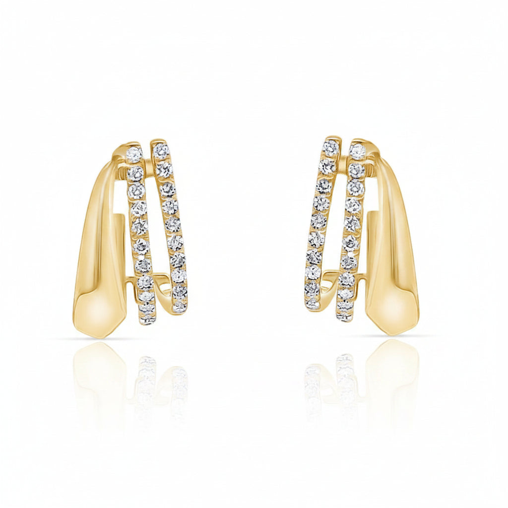 14k yellow gold double-band lobe stud earrings with two rows of 46 brilliant-cut diamonds totaling 0.29 carats