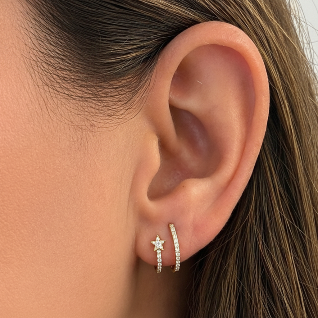 14k gold double row star diamond earrings by Diamond Tales
