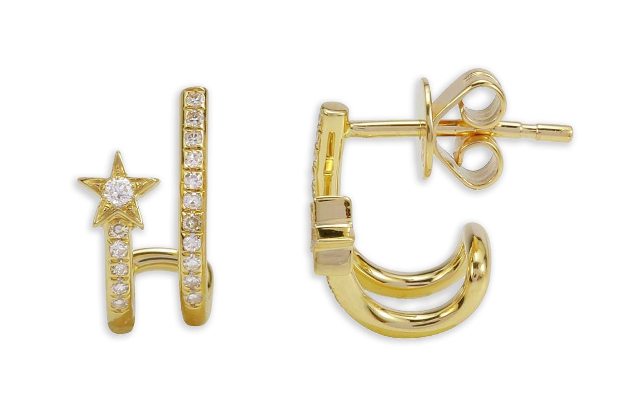 Earrings 14kt Gold Double Row Star & Diamonds - Diamond Tales Fine Jewelry