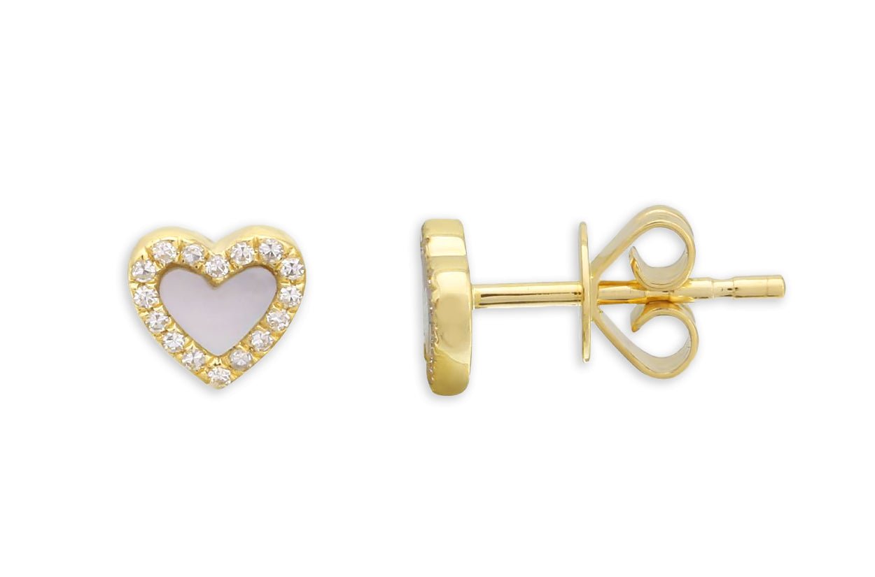Earrings 14kt Gold Hearts Mop & Diamonds Studs - Diamond Tales Fine Jewelry