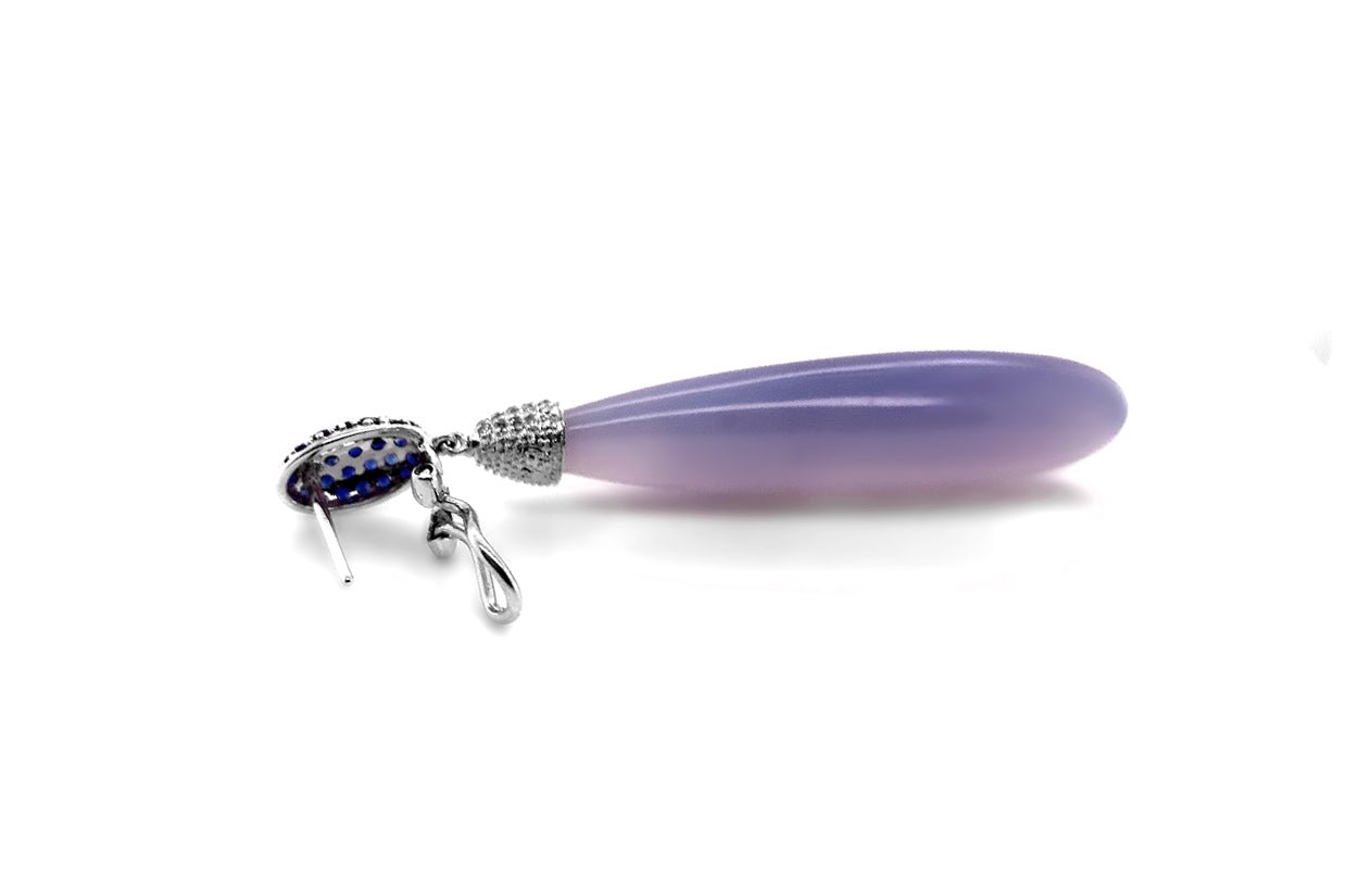 Earrings 18kt Chalcedony Drops with Ceylon Sapphires & Diamonds - Diamond Tales Fine Jewelry