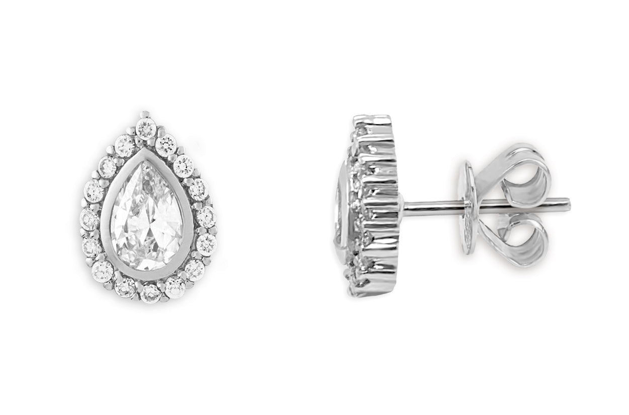 Earrings 18kt Gold Channel Pear & Diamonds Halo - Diamond Tales Fine Jewelry