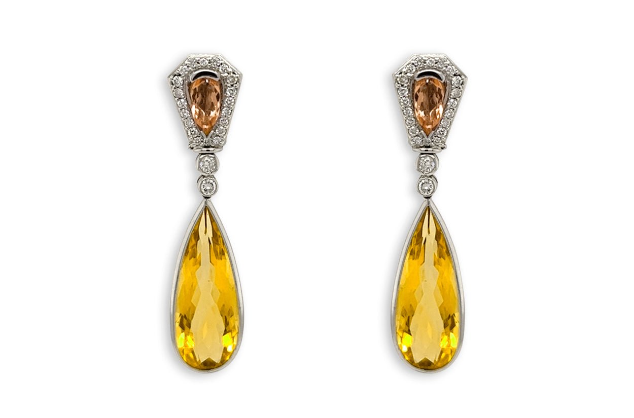 Earrings 18kt Gold Citrines Drop with Precious Topaz & Diamonds - Diamond Tales Fine Jewelry