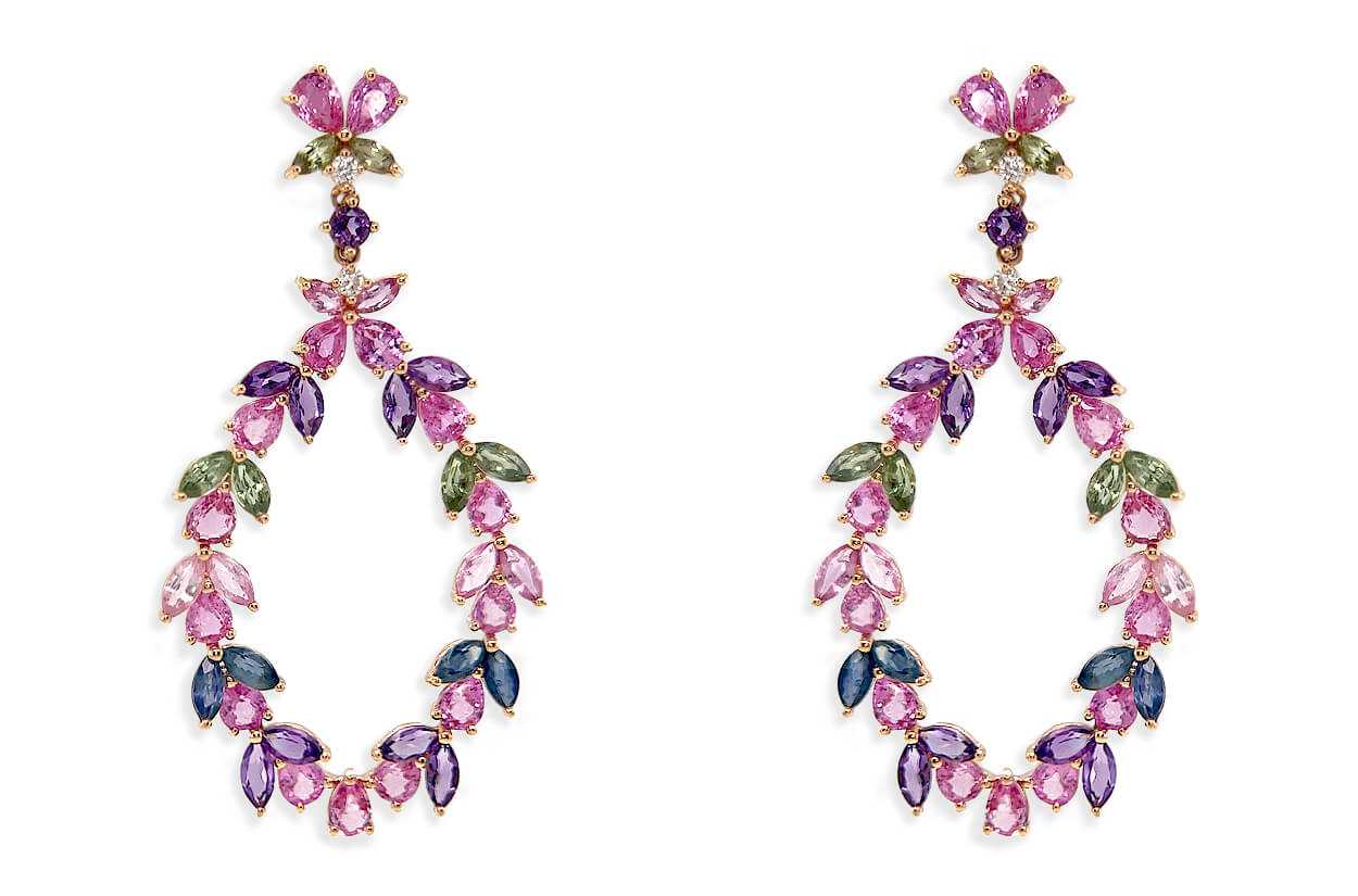 Earrings 18kt Gold Floral Sapphires Amethyst & Diamonds Drop - Diamond Tales Fine Jewelry
