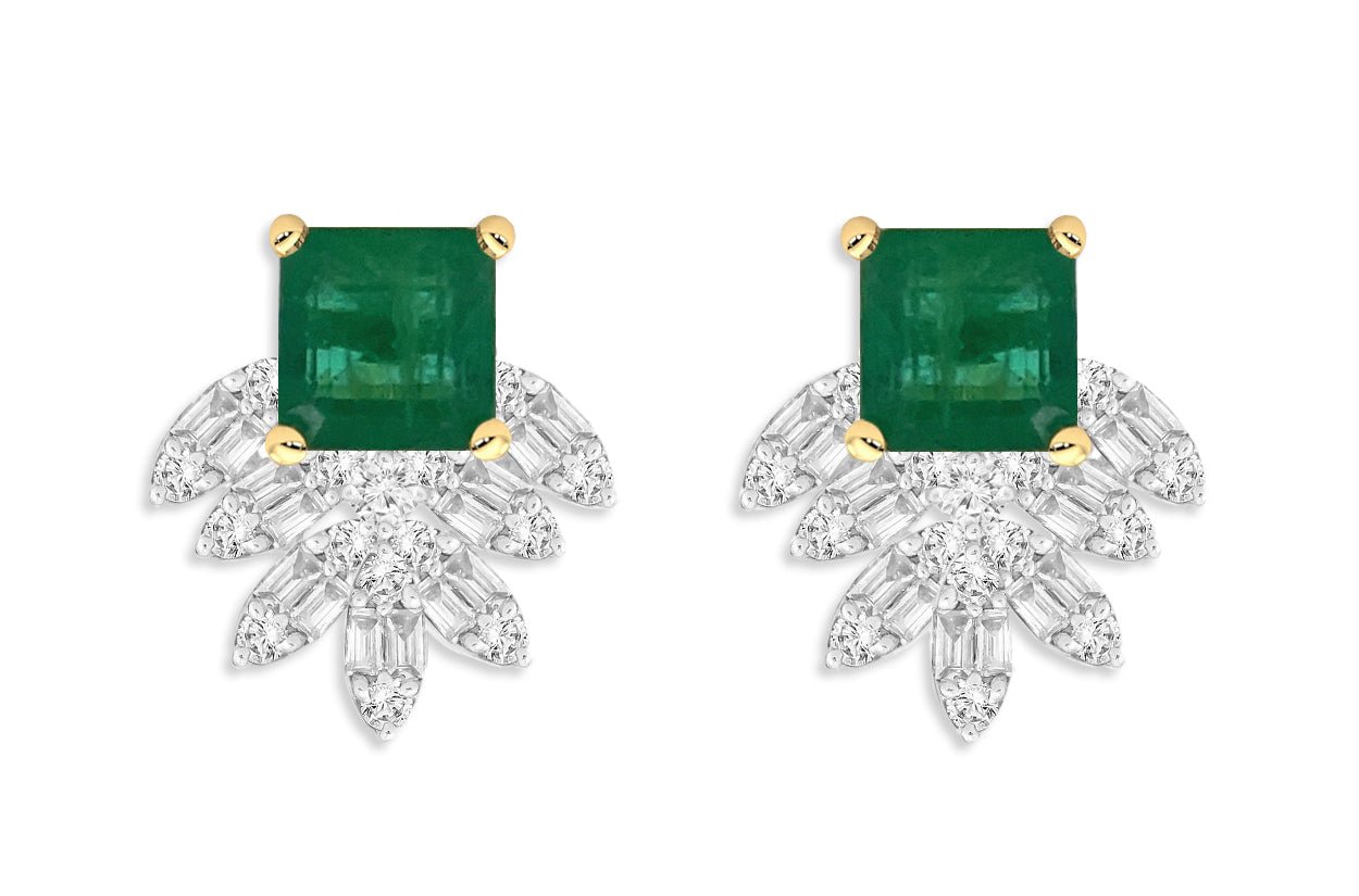 Earrings 18kt Gold Square Emerald & Marquise Illusion Diamonds - Diamond Tales Fine Jewelry