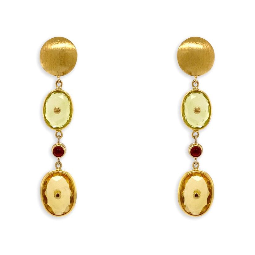18k yellow gold earrings with lemon citrine cabochon and ruby cabochon accents