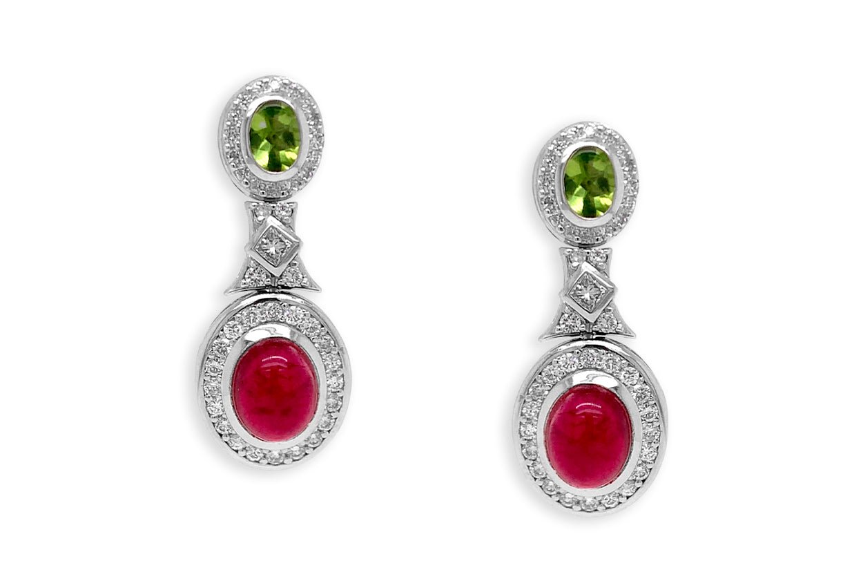 Earrings Peridot & Tourmaline Cabochons with Diamonds - Diamond Tales Fine Jewelry