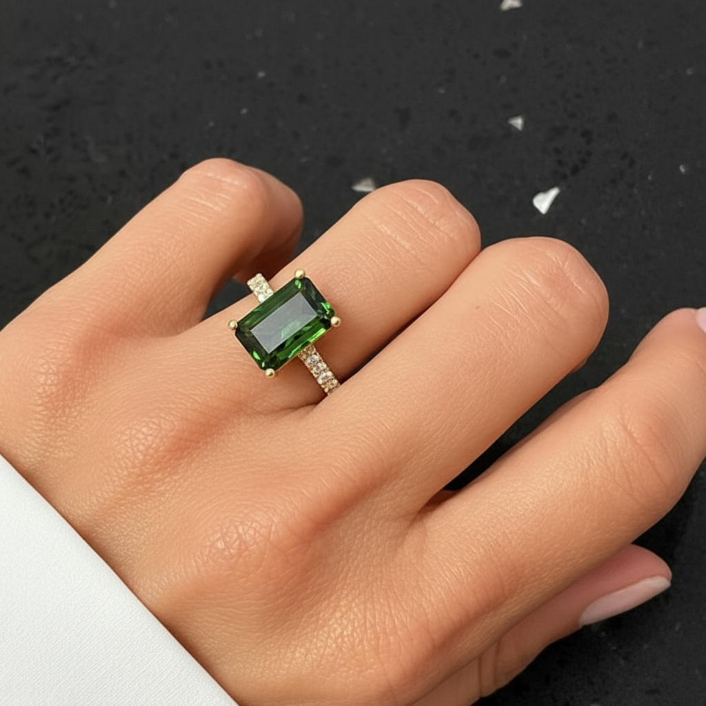 18k gold ring with emerald cut tourmaline and diamonds