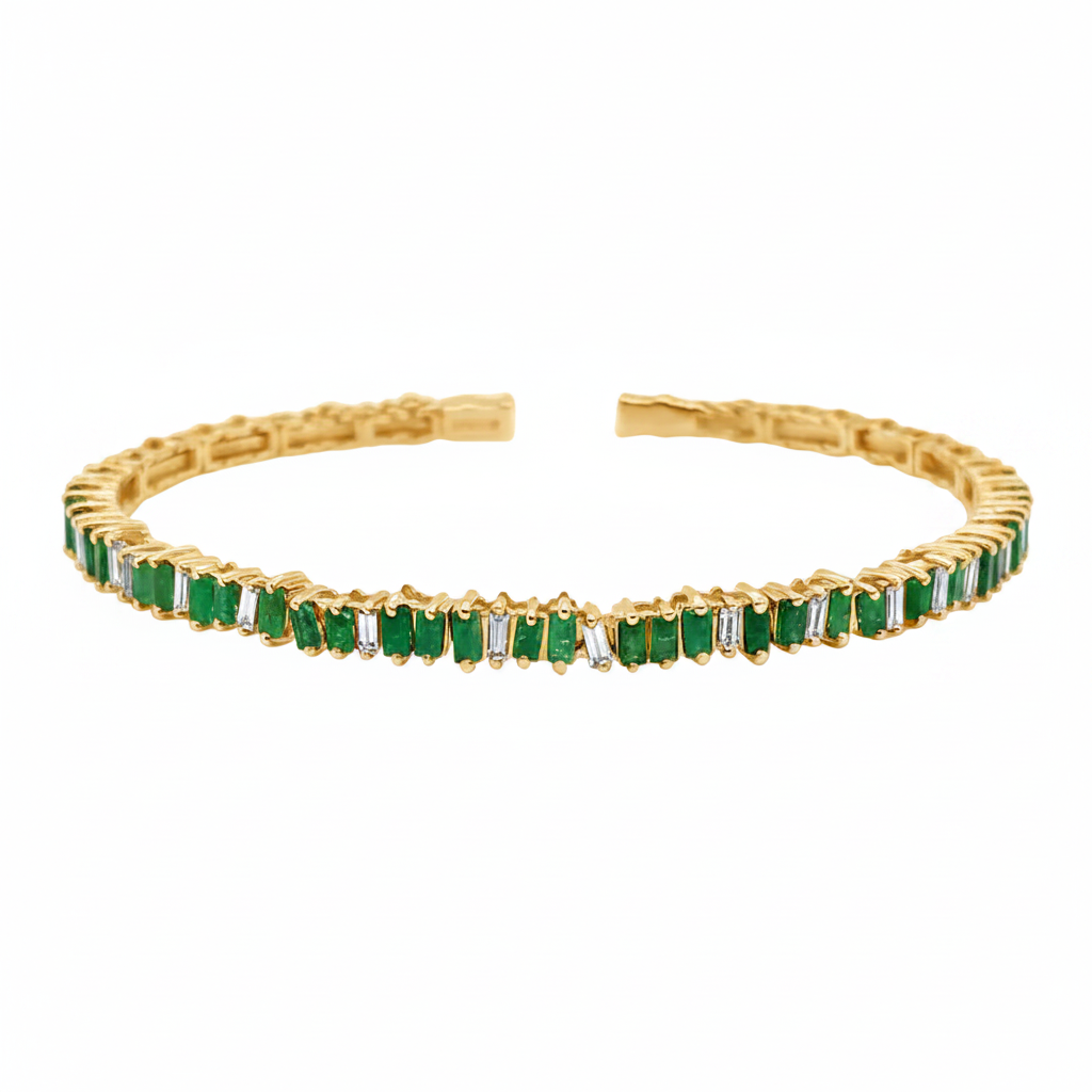 18k yellow gold open bangle bracelet with emeralds and round brilliant diamonds by Diamond Tales