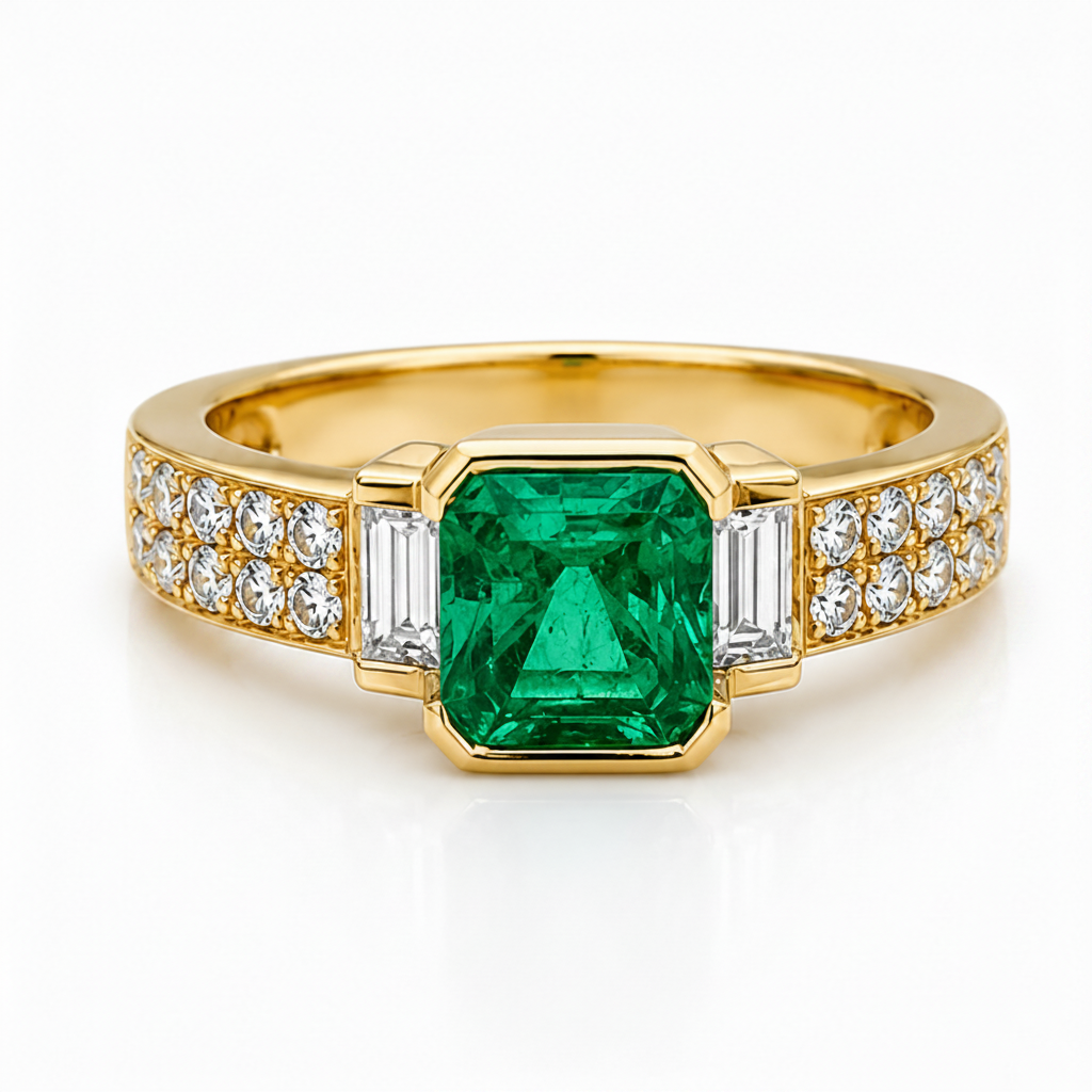 18k yellow gold ring with emeralds and diamonds