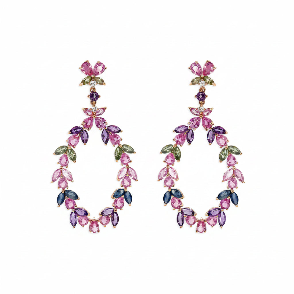 18k rose gold drop earrings with floral cluster of sapphires and amethysts, diamond accent