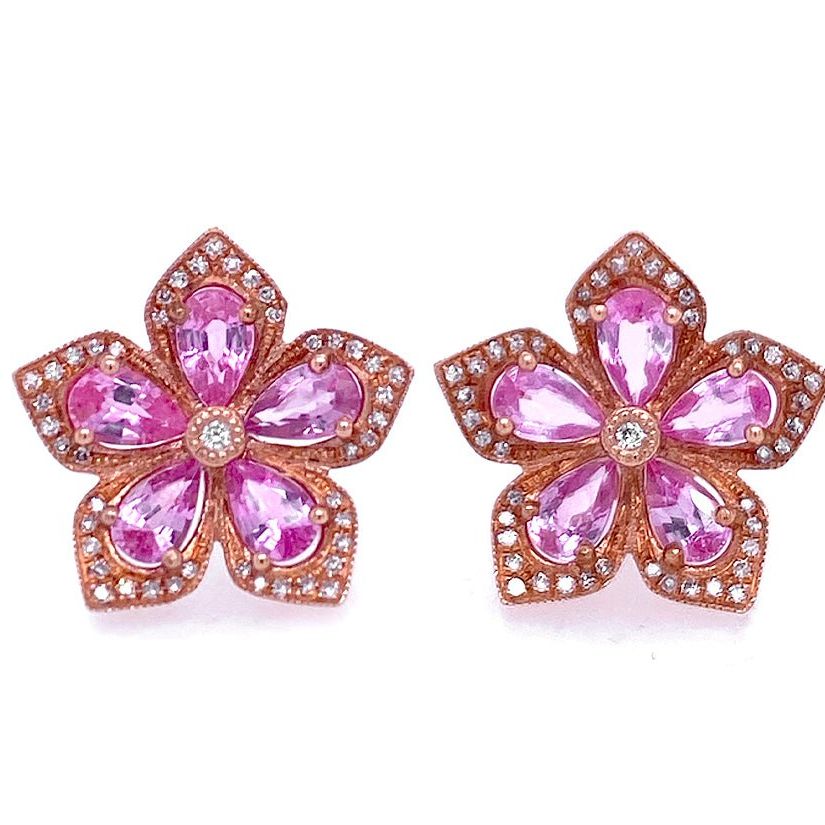 14k rose gold flower stud earrings with pink sapphire petals and diamond centers