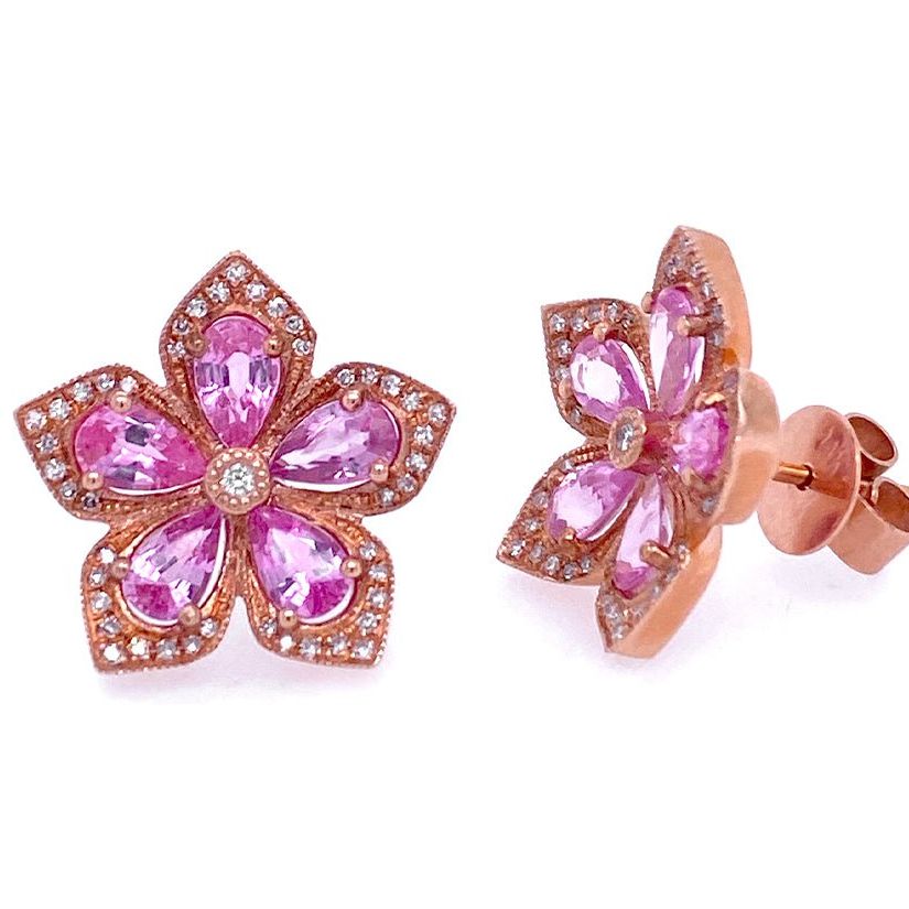 14k rose gold flower stud earrings with pink sapphire petals and diamond centers
