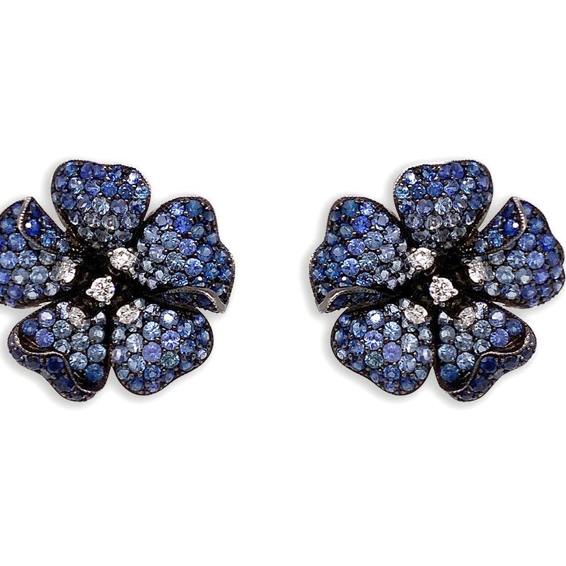 18k white gold flower earrings with gradient blue sapphires and diamond accents