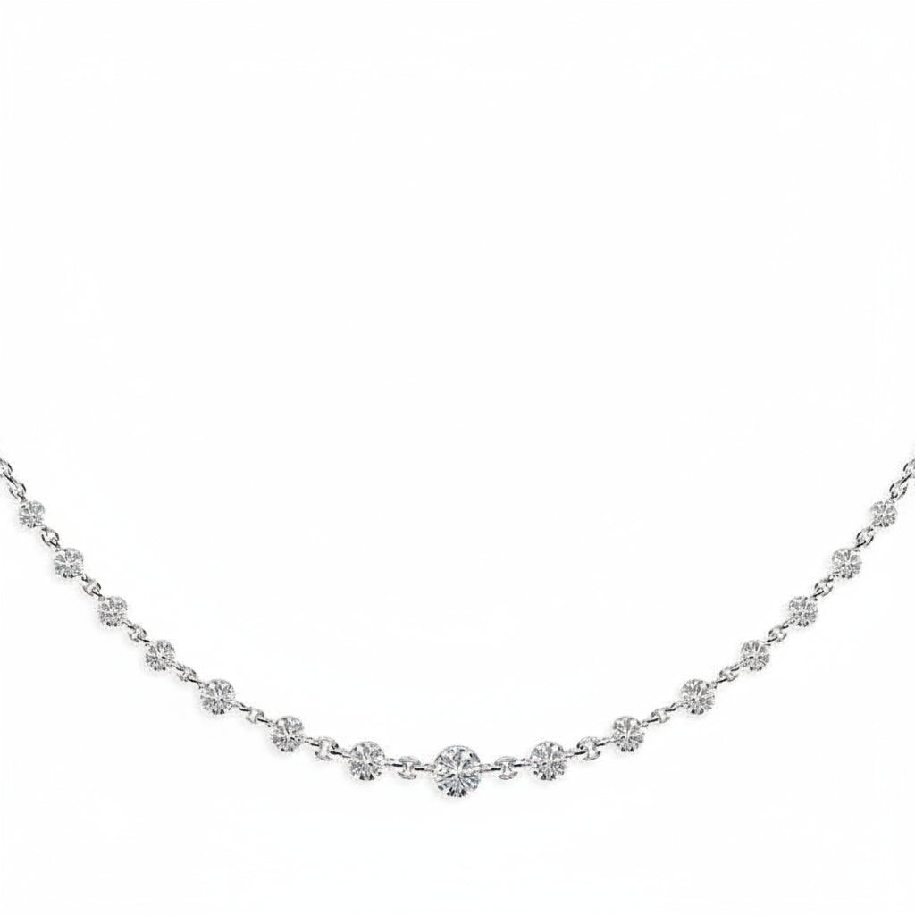 18k white gold chain link necklace with graduated round diamonds set in each link