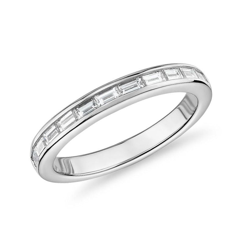 18k white gold band with half-row baguette diamond accents