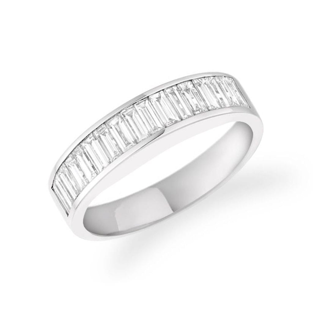 Platinum band with half-row channel-set baguette diamond accents