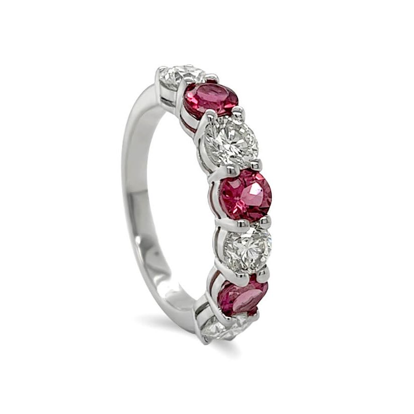18k white gold half-band ring with alternating tourmaline and diamond stones