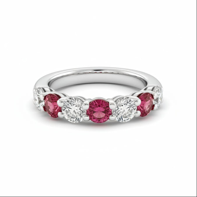 18k white gold half-band ring with alternating tourmaline and diamond stones