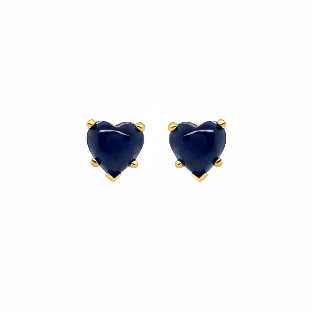 14k yellow gold stud earrings featuring heart-shaped blue sapphire cabochons