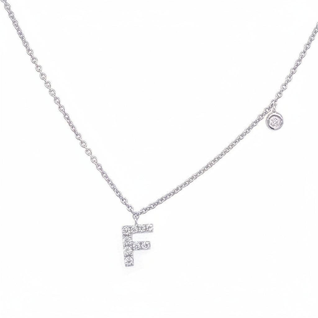 14k white gold initial F pendant necklace with diamond accent