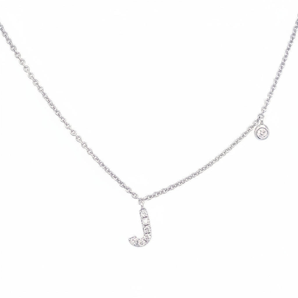 14k white gold initial J pendant necklace with diamond accent