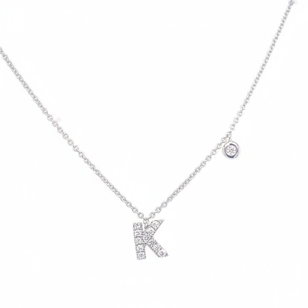 14k white gold initial K pendant necklace with diamond accent