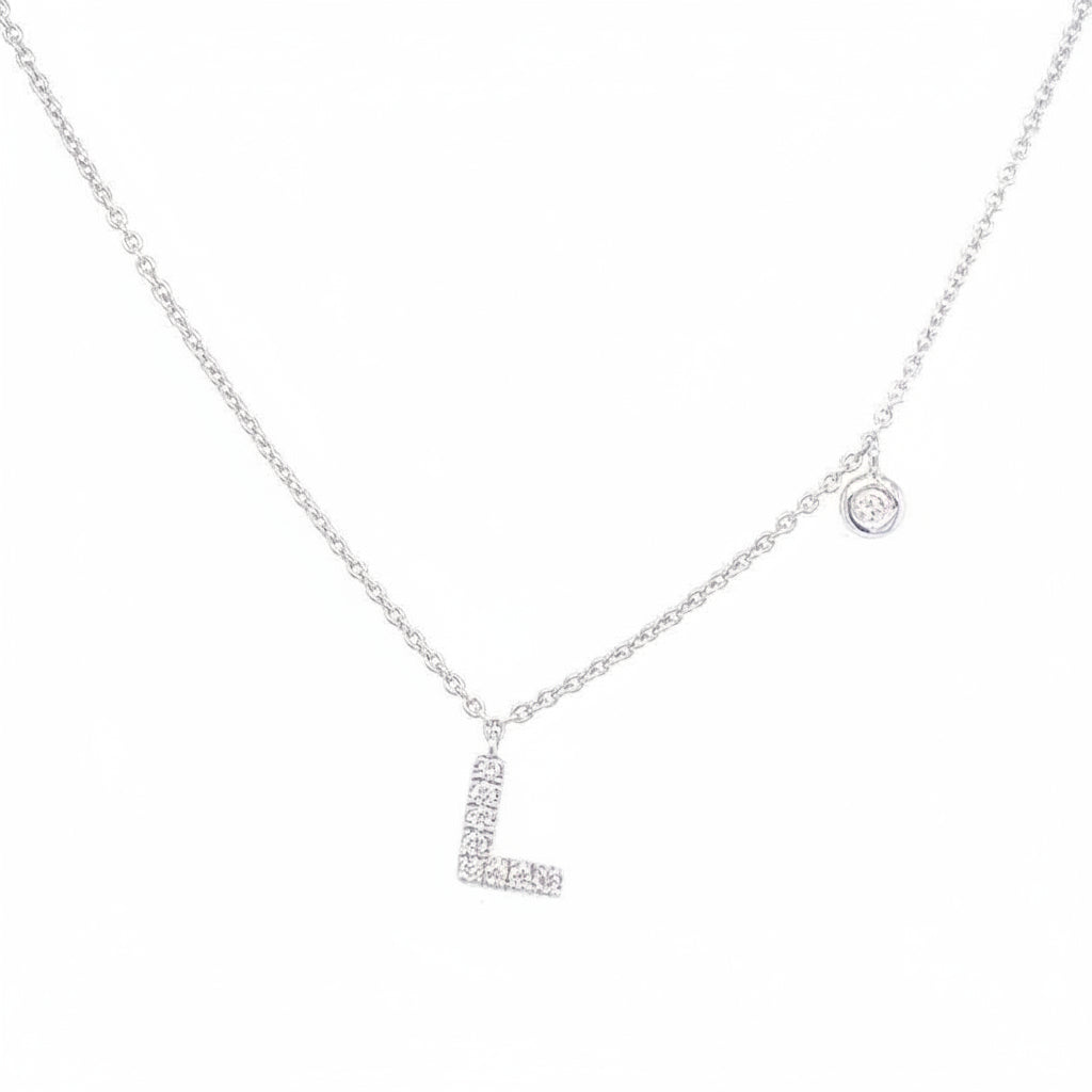 14k white gold initial L pendant necklace with diamond accent