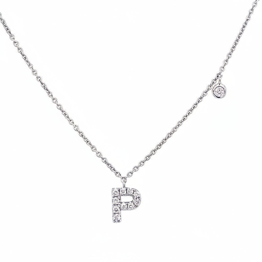 14k white gold initial P pendant necklace with diamond accent