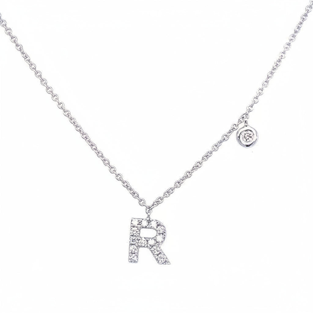14k white gold initial R pendant necklace with diamond accent