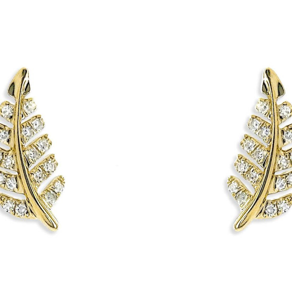14k yellow gold leaf stud earrings with pavé diamond detailing