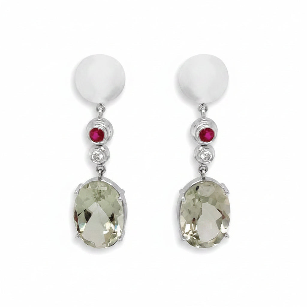 18k white gold lemon citrine earrings with small ruby and diamond accents by Diamond Tales