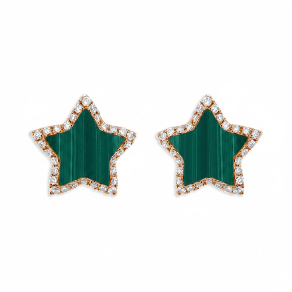 18k gold malachite star diamond halo stud earrings by Diamond Tales