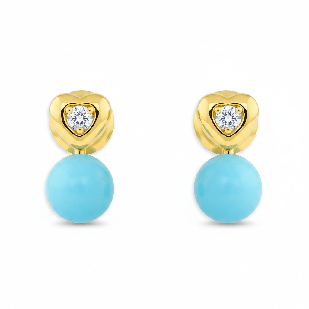 18k gold mini heart stud earrings with a small diamond drop