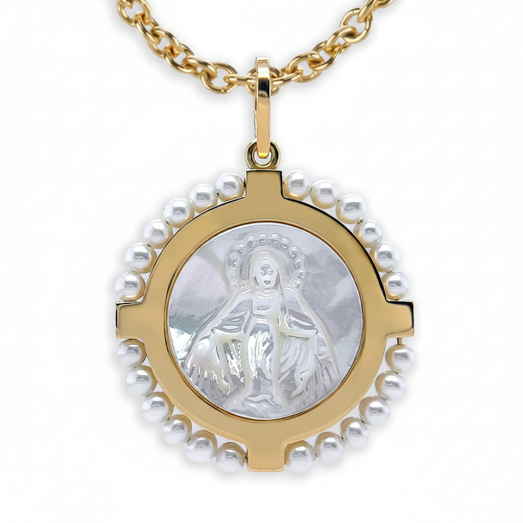 18k gold Miraculous Medal pendant with mother-of-pearl center and cultured pearl halo