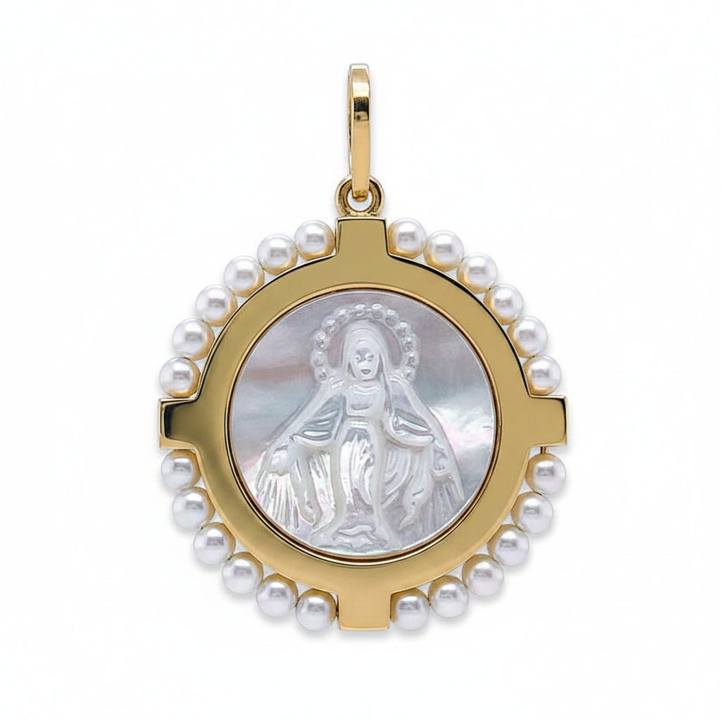 18k gold Miraculous Medal pendant with mother-of-pearl center and cultured pearl halo