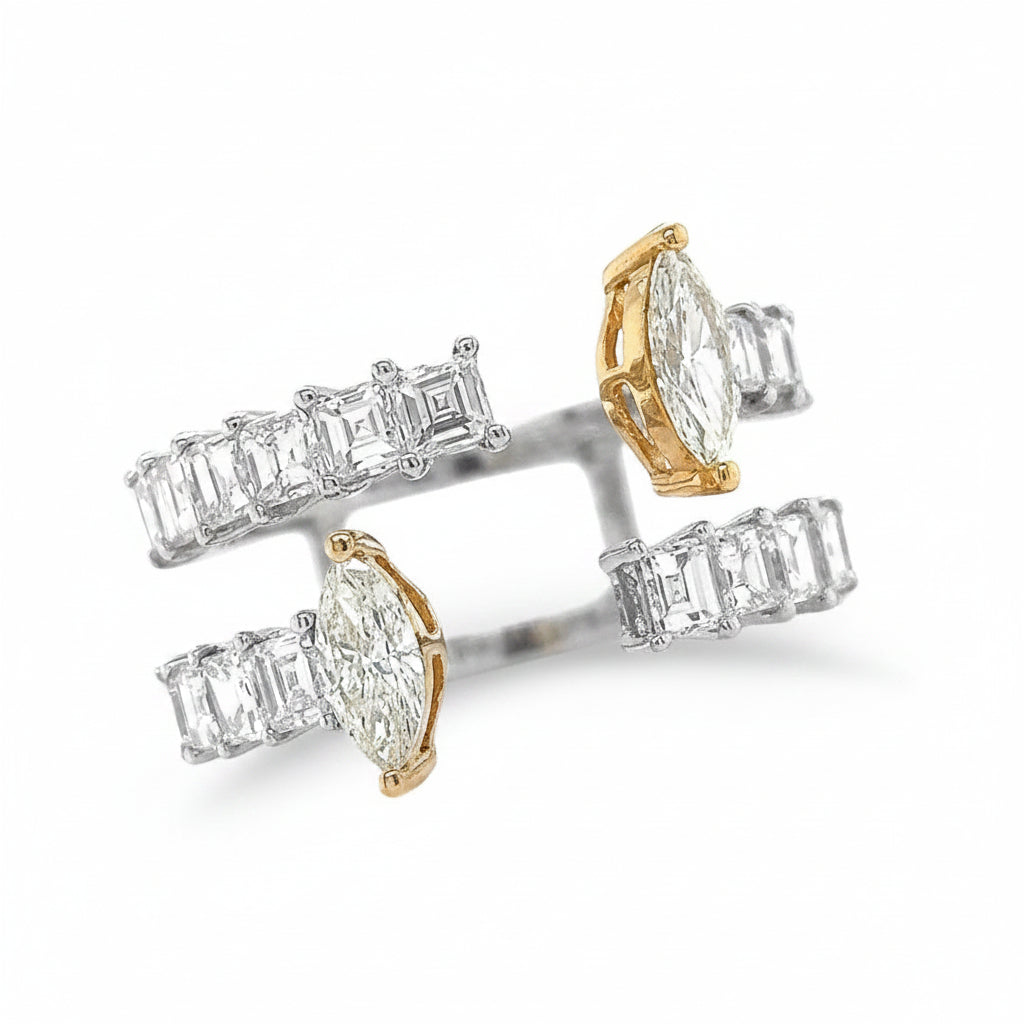 18k white gold open ring with marquise yellow gold ends and carré diamond band